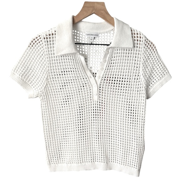 Calvin Klein Jeans Women's Open-Stitch Short-Sleeve Polo‎ Top White - Picture 1 of 5